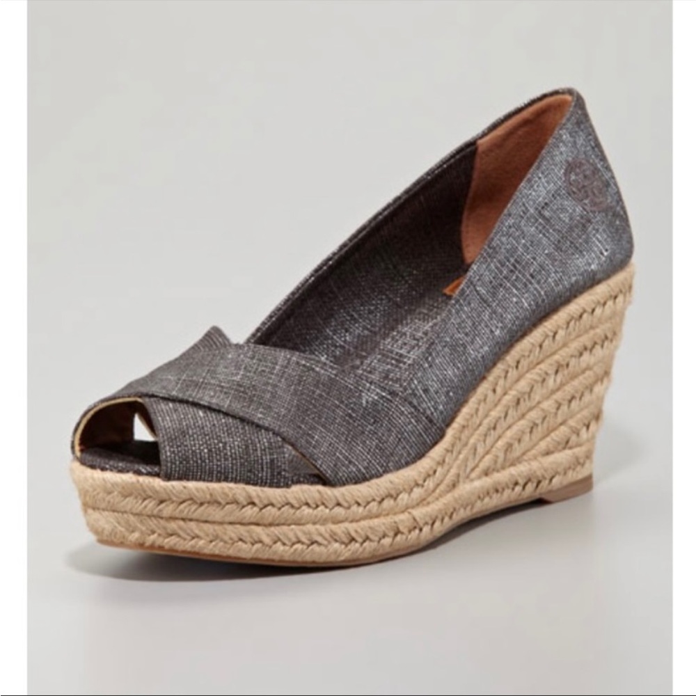 Tory Burch Gray Linen Espadrille Wedge Peep Toe